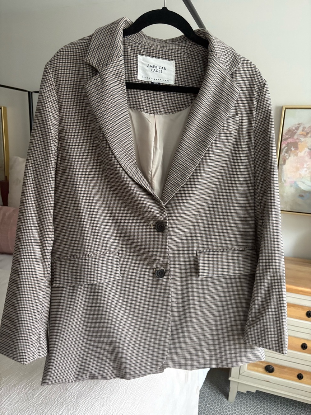 American Eagle Outfitters Neutral Tan Checked Blazer